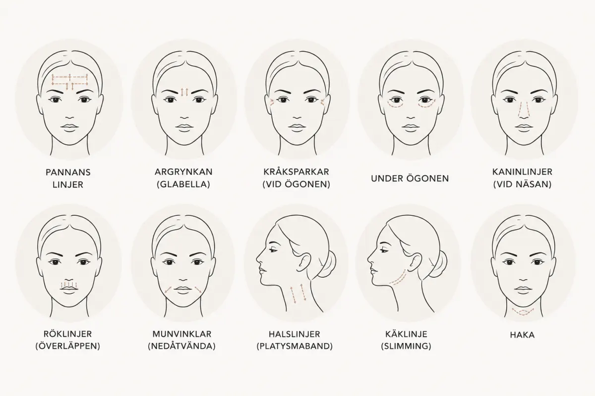 Illustration över vanliga behandlingsområden för botox